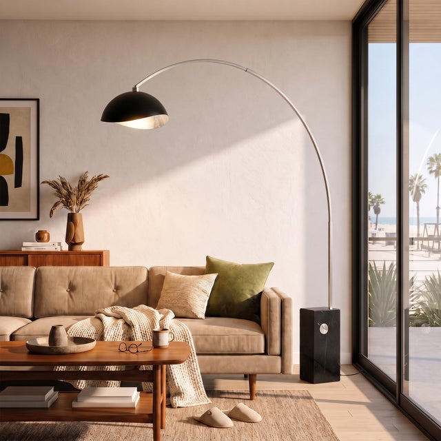 Mid-Century Modern Iconic 95" Luna Bella Arc Floor Lamp - Mid-Century Modern, Satin Nickel Steel, Black Marble Base For Sale - Image 3 of 5