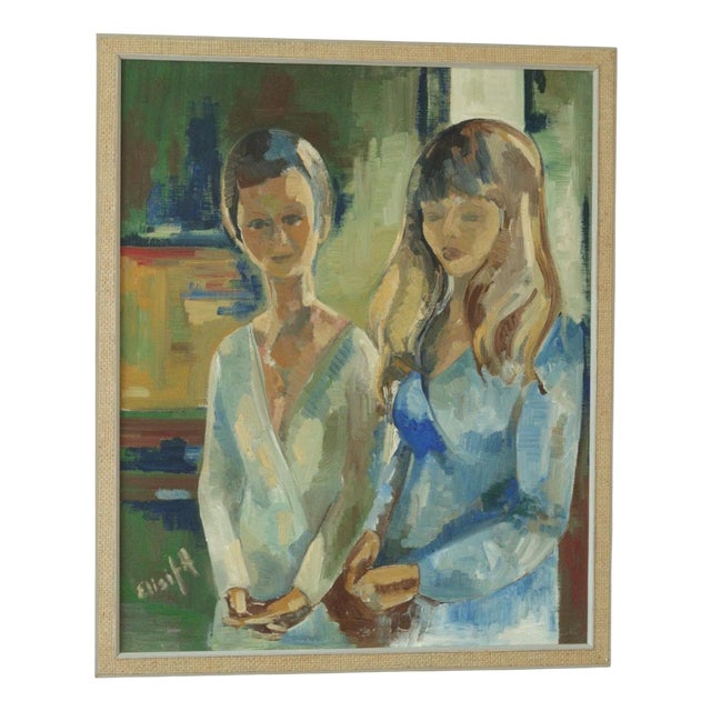 Elisita, Sisters, 1970s, Oil Painting, Framed For Sale