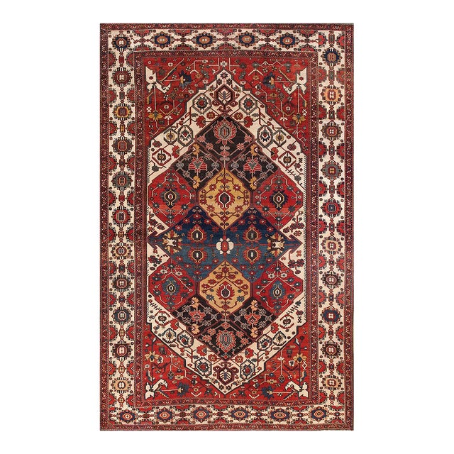 1900s Red Navy Medallion Antique Hand Knotted Persian Bakhtiari Rug 10'2"x16'4" Wool Carpet For Sale