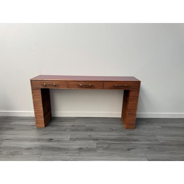 Metal Three Drawers Fluted Wood Console Table with Crimson Red Glass Top, 1970s For Sale - Image 7 of 9