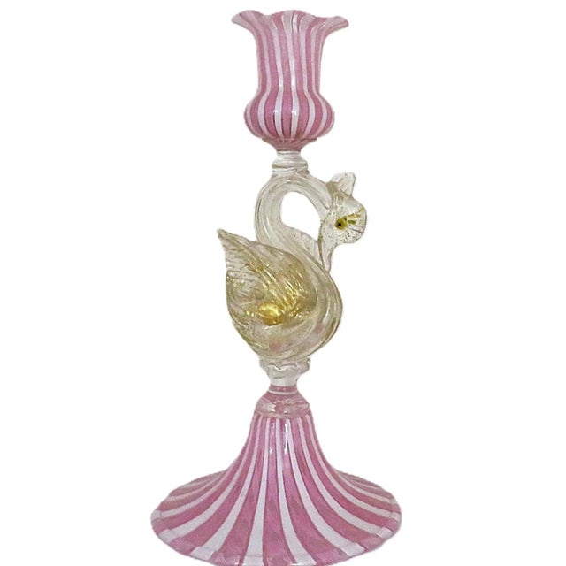 Italian Pair of Italian Murano Glass Swan Candlesticks Candle Holders Pink & White Latticino Venetian For Sale - Image 3 of 5