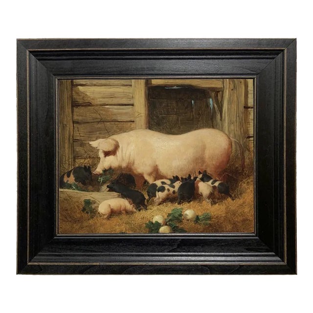 Sow With Piglets Framed Oil Painting Print on Canvas in Distressed Black Solid Wood Frame For Sale