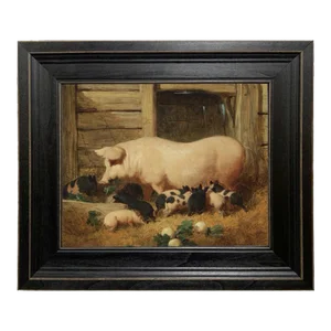 Sow With Piglets Framed Oil Painting Print on Canvas in Distressed Black Solid Wood Frame