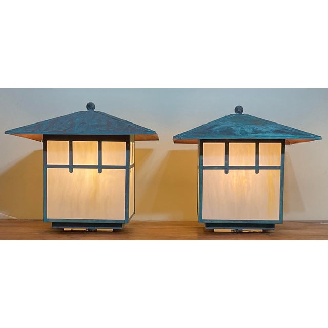 Copper Stunning Pair of Artisan Copper & Slag Glass Mission/Arts & Crafts Table Lamps For Sale - Image 8 of 18