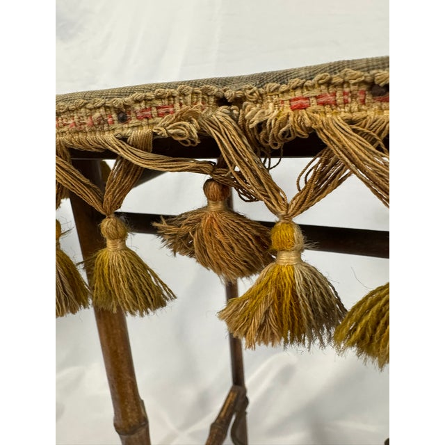 Antique French Napoleon III Bamboo Tabouret, Tasseled Top, PLM Rail Label For Sale - Image 10 of 15