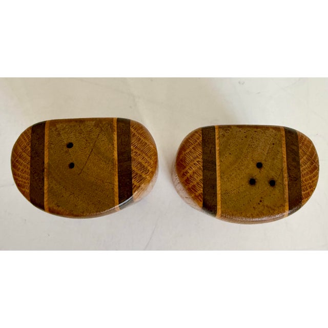 1970s Organic Modern Wood Salt & Pepper Shakers With Striped Inlay For Sale - Image 4 of 8