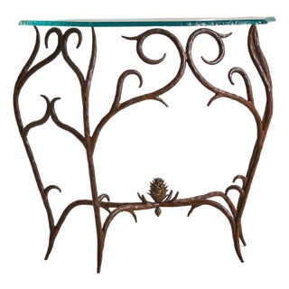 French Bronze + Chiseled Glass Console Table with Pinecone Detail, 1970s For Sale