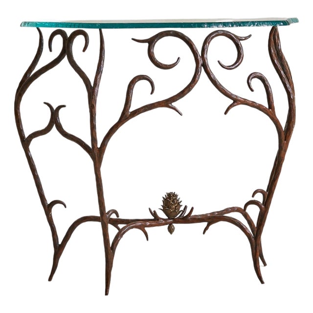 French Bronze + Chiseled Glass Console Table with Pinecone Detail, 1970s For Sale