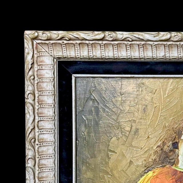 A striking vintage oil on canvas painting that captures the timeless elegance of a traditional still life with the bold...