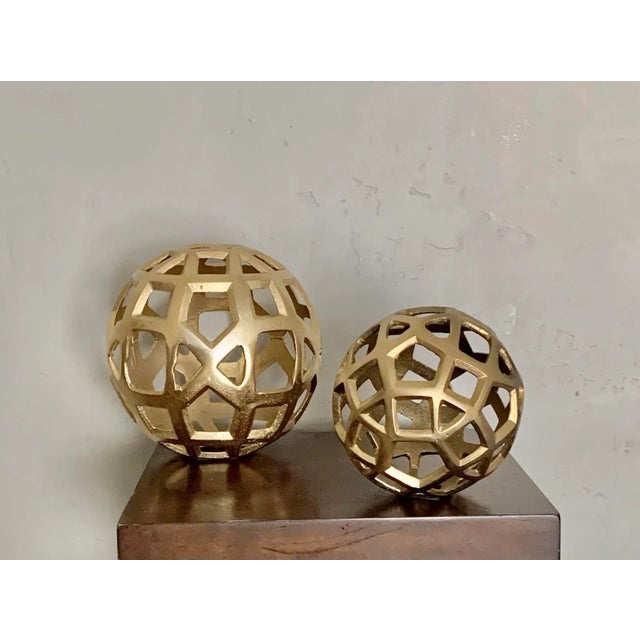 Modern Contemporary Gilt Metal Large Cutout Orbs / Globes - a Pair For Sale In San Diego - Image 6 of 6