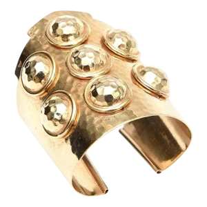 Vintage Brass Hand Hammered Wide Cuff Bracelet With Seven Raised Disks