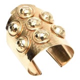 Vintage Brass Hand Hammered Wide Cuff Bracelet With Seven Raised Disks, 1970's For Sale