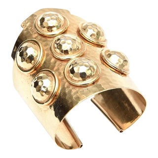 Vintage Hand Hammered Brass Wide Cuff Bracelet With Seven Raised Disks, 1970's For Sale