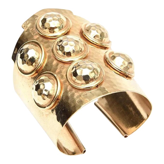 Vintage Hand Hammered Brass Wide Cuff Bracelet With Seven Raised Disks, 1970's For Sale