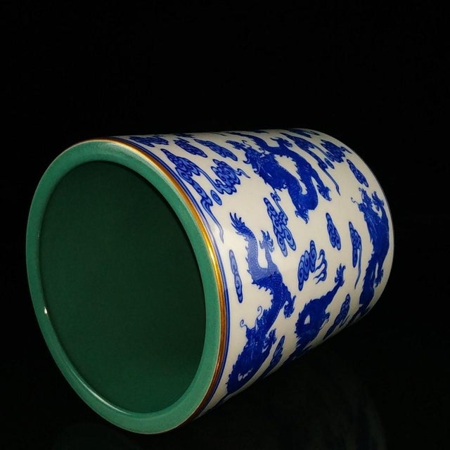 Traditional Vintage Blue & White Porcelain Dragon Brush Pot With Green Interior For Sale - Image 3 of 9