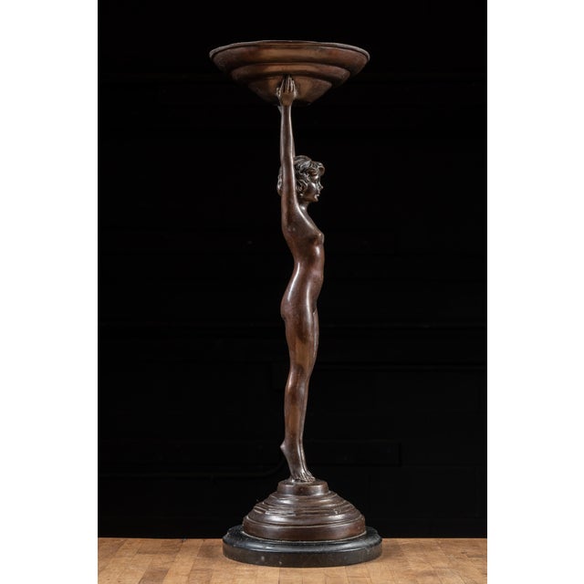 Early 20th Century Art Deco Bronzed Spelter Nude Woman Stranding Ashtray | Signed For Sale - Image 5 of 12