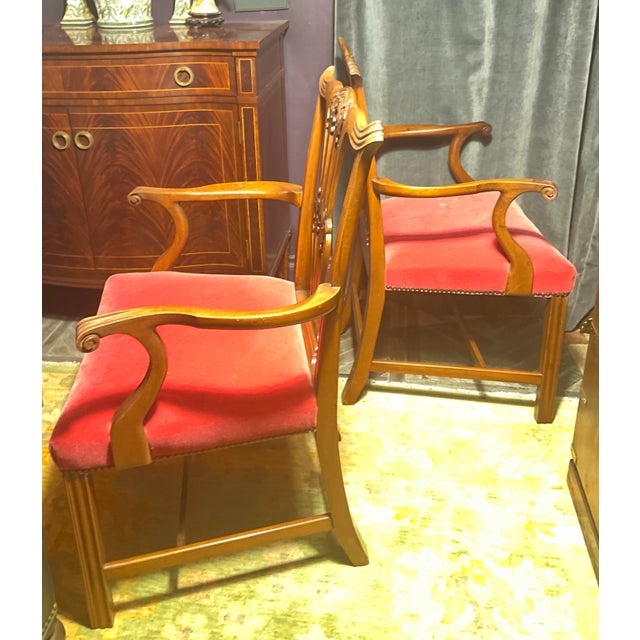 Pair of Vintage English Chippendale Style Mahogany Library Armchairs in Crimson Velvet For Sale - Image 4 of 8