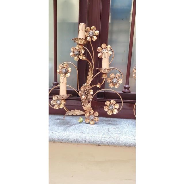 Glass Golden Wrought Iron Wall Lamps, 1980s, Set of 2 For Sale - Image 7 of 9