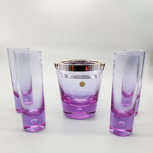 Vintage Crystal Set with Ice bucket and 4 glasses by VB Kristall. Manufacturer's label. 1970s, made in Italy, Purple...