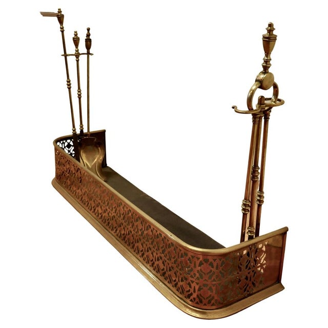 Victorian Pierced Brass Fender with Fire Irons For Sale - Image 9 of 9