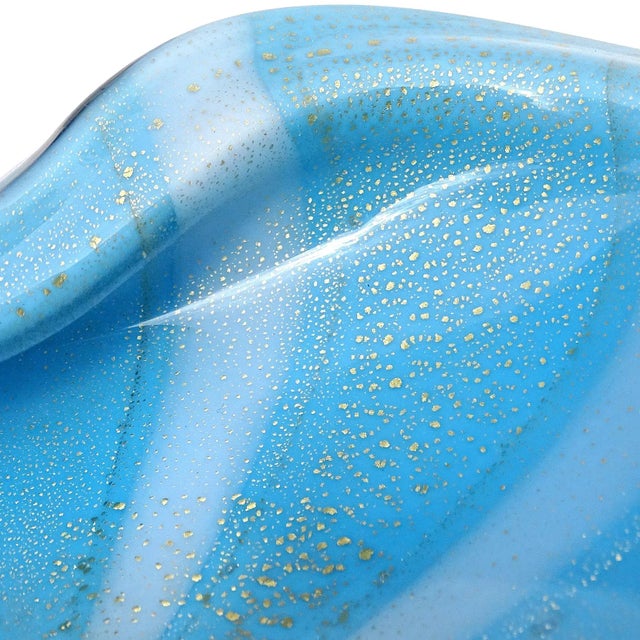 Vintage Barbini Murano Blue White Stripes Gold Flecks Italian Art Glass Mid Century Ashtray Bowl Dish For Sale In Orlando - Image 6 of 7