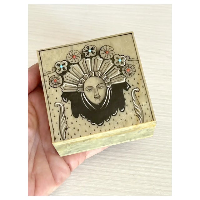 Rare, little natural soapstone box with hand painted face of a lady, "Sudha style". I drilled into the front facing and...