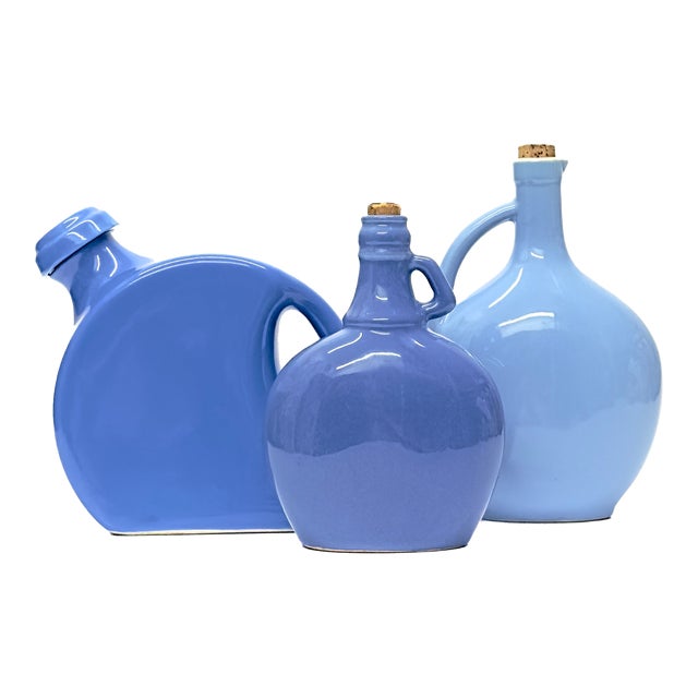 Vintage Slim Blue Ceramic Vessel Curation - Group of 3 For Sale