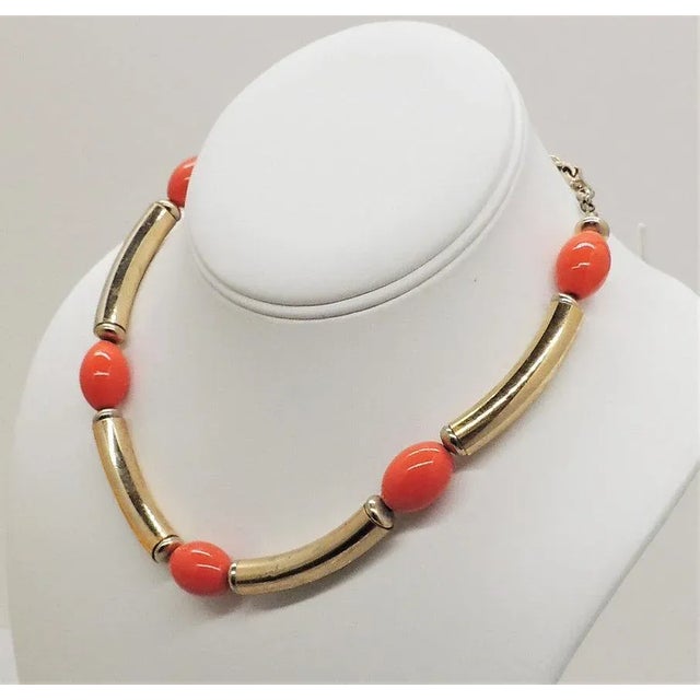 1970s Vintage 1970s Signed Napier Goldtone & Orange Bead Necklace For Sale - Image 5 of 8
