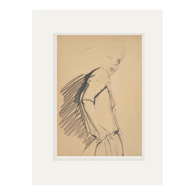 Vintage Mid-Century Abstract Figure Drawing From France With Mat For Sale