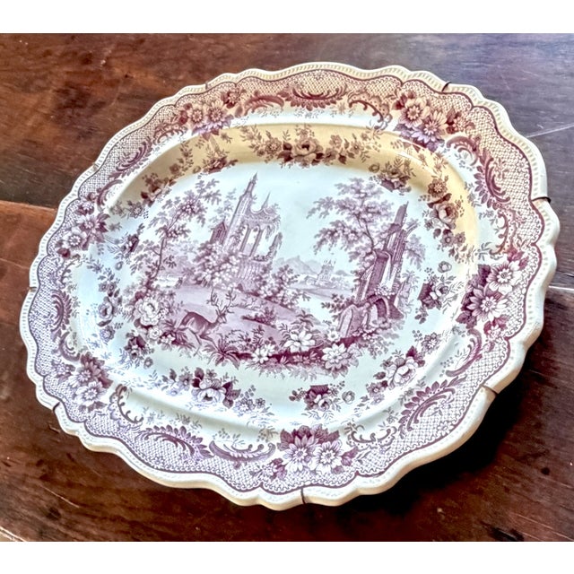 Large Antique English Mulberry Transferware Wall Platter by Thomas Fell & Co., 1840 For Sale - Image 4 of 13
