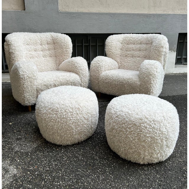 White Set of Scandinavian Wing Lounge Chair and Ottoman in Long-Haired Fabric, 2000s, Set of 2 For Sale - Image 8 of 13
