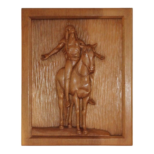 Hand Carved Native American Rider Plaque For Sale