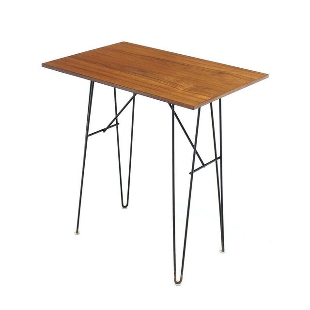 Paul McCobb Teak Tops End Side Console Tables Stands Pedestals Tall Wire Legs - A Pair For Sale - Image 4 of 8