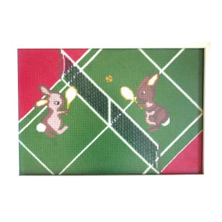 Vintage Rabbits Playing Tennis Framed Needlepoint For Sale