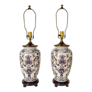 1970s Ornate Floral Ceramic Urn Table Lamps With Carved Wood Bases - a Pair For Sale