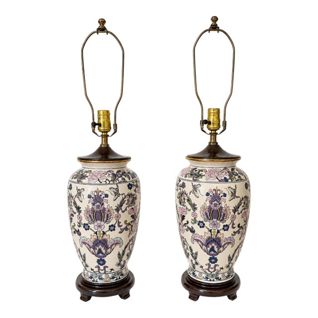 1970s Ornate Floral Ceramic Urn Table Lamps With Carved Wood Bases - a Pair For Sale