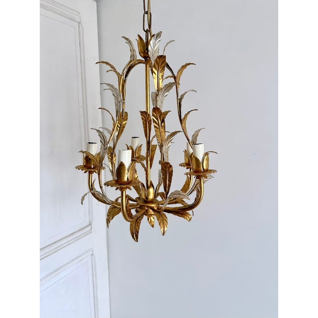 French Gilt and Silvered Tole Leaf 5-Light Chandelier, 1960s For Sale - Image 6 of 16