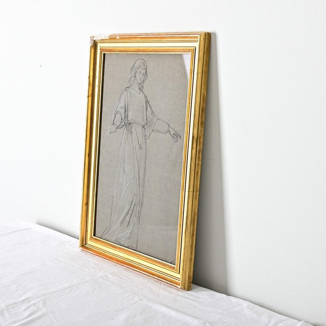 Wood French Vintage Framed Charcoal Figure Study For Sale - Image 7 of 9