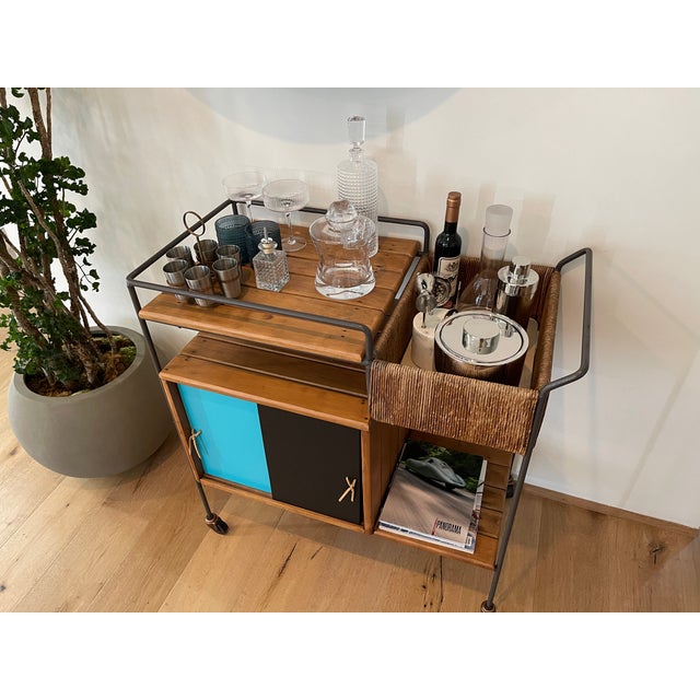 1950s 1950s Arthur Umanoff Bar Cart (Black / Teal Doors), Attributed For Sale - Image 5 of 15