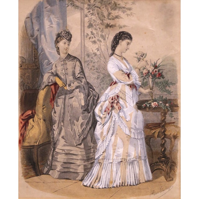 Pair 19th Century French Fashion Engravings in Walnut Frames For Sale In Dallas - Image 6 of 17