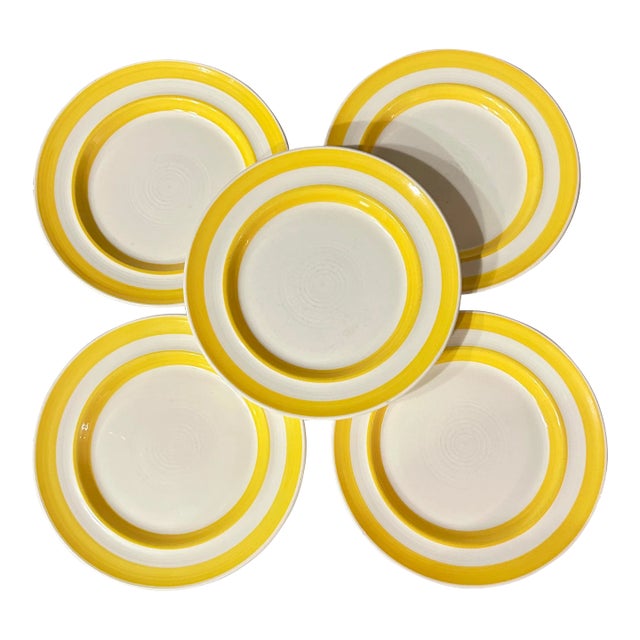 Metlox Pottery Yellow Banded Stripe Stoneware Plates- Set of 5 For Sale