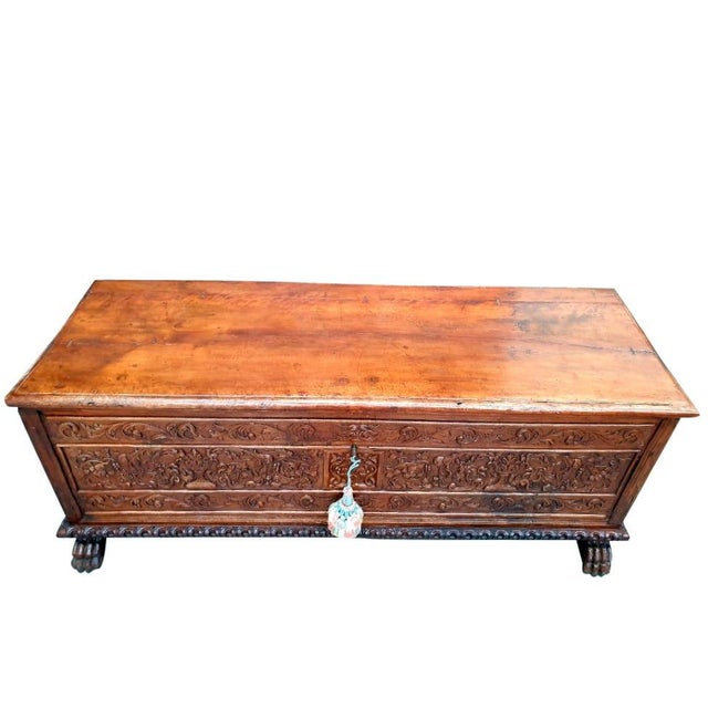 Wood Italian Baroque Style Hand-Carved Walnut Storage Trunk, Late 1600s For Sale - Image 7 of 11