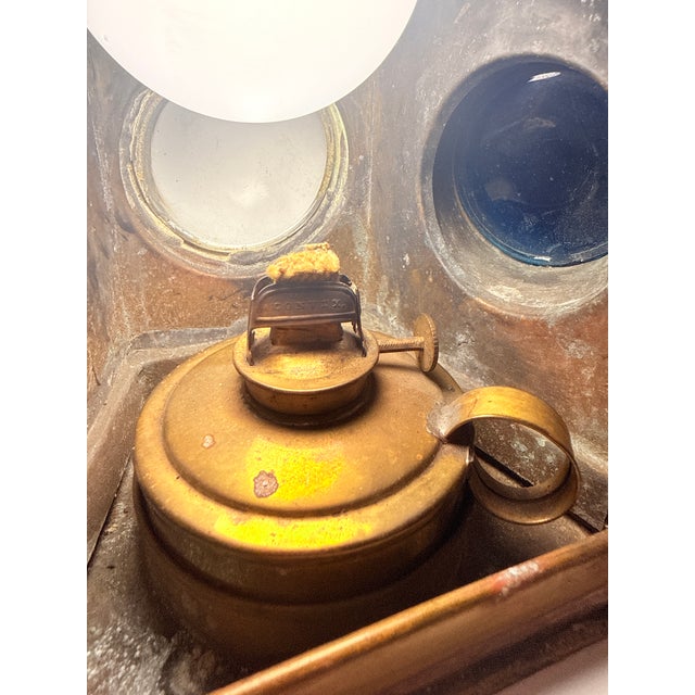 Antique Brass Three-Lens Nautical Navigation Oil Lantern With Red Blue & Clear Lens For Sale - Image 9 of 12
