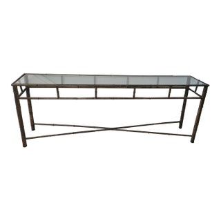 Vintage Faux‑Bamboo Metal Console Table With Glass Top For Sale