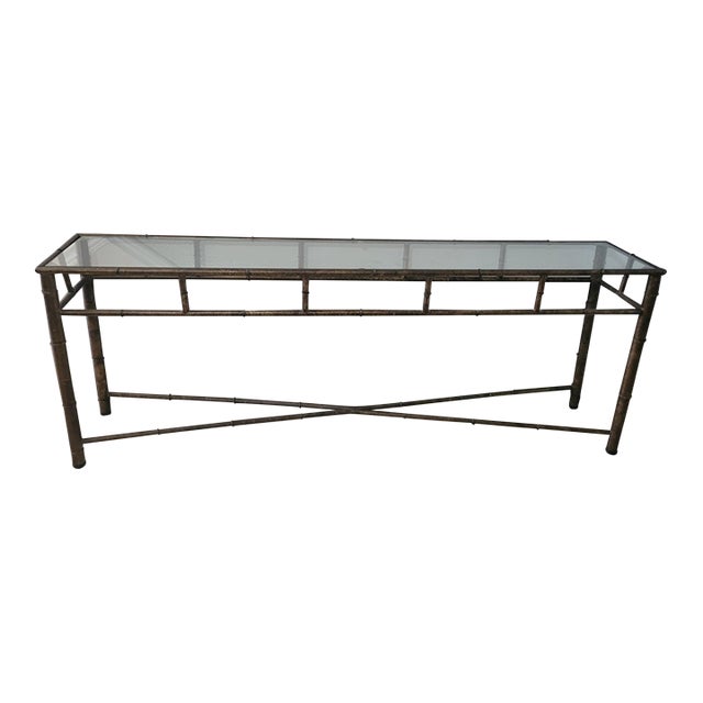 Vintage Faux‑Bamboo Metal Console Table With Glass Top For Sale