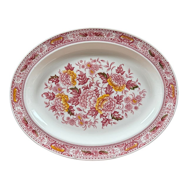 Vintage English Ridgeway Ironstone Staffordshire Red & Yellow Canterbury Oval Platter For Sale