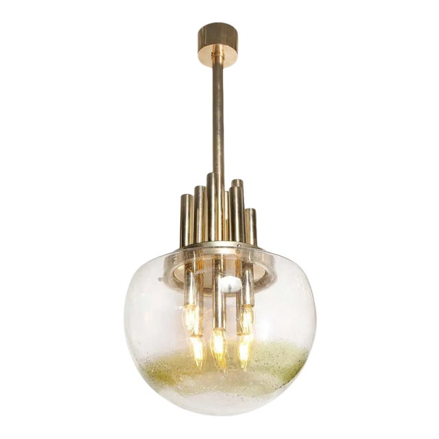 Mid-Century Modern Brass & Hand Blown Translucent/ Topaz Murano Glass Chandelier For Sale