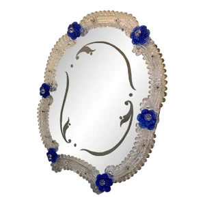 Contemporary Venetian Table Mirror With Transparent & Blue Leaves & Flowers