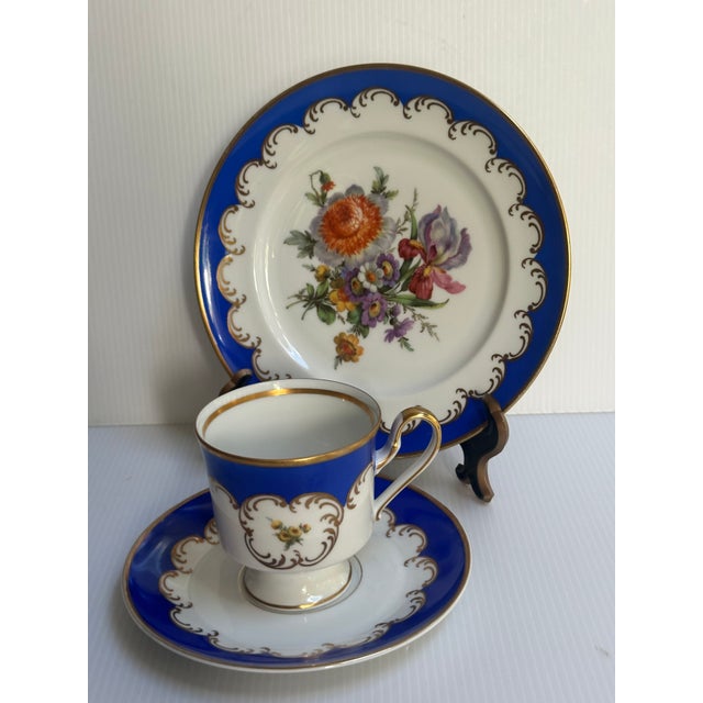 Blue Vintage 1950's Kunst Hummendorf Kronack Bavaria Germany Porcelain Tea Set Trio Cobalt Blue Gold Tea Cup Saucer Dessert Plate For Sale - Image 8 of 18