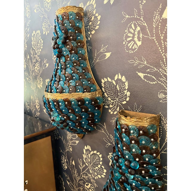 1940’s Dore Bronze Sconce Cages With Beaded Glass in the Style of Ercole Barovier, a Pair For Sale - Image 9 of 12